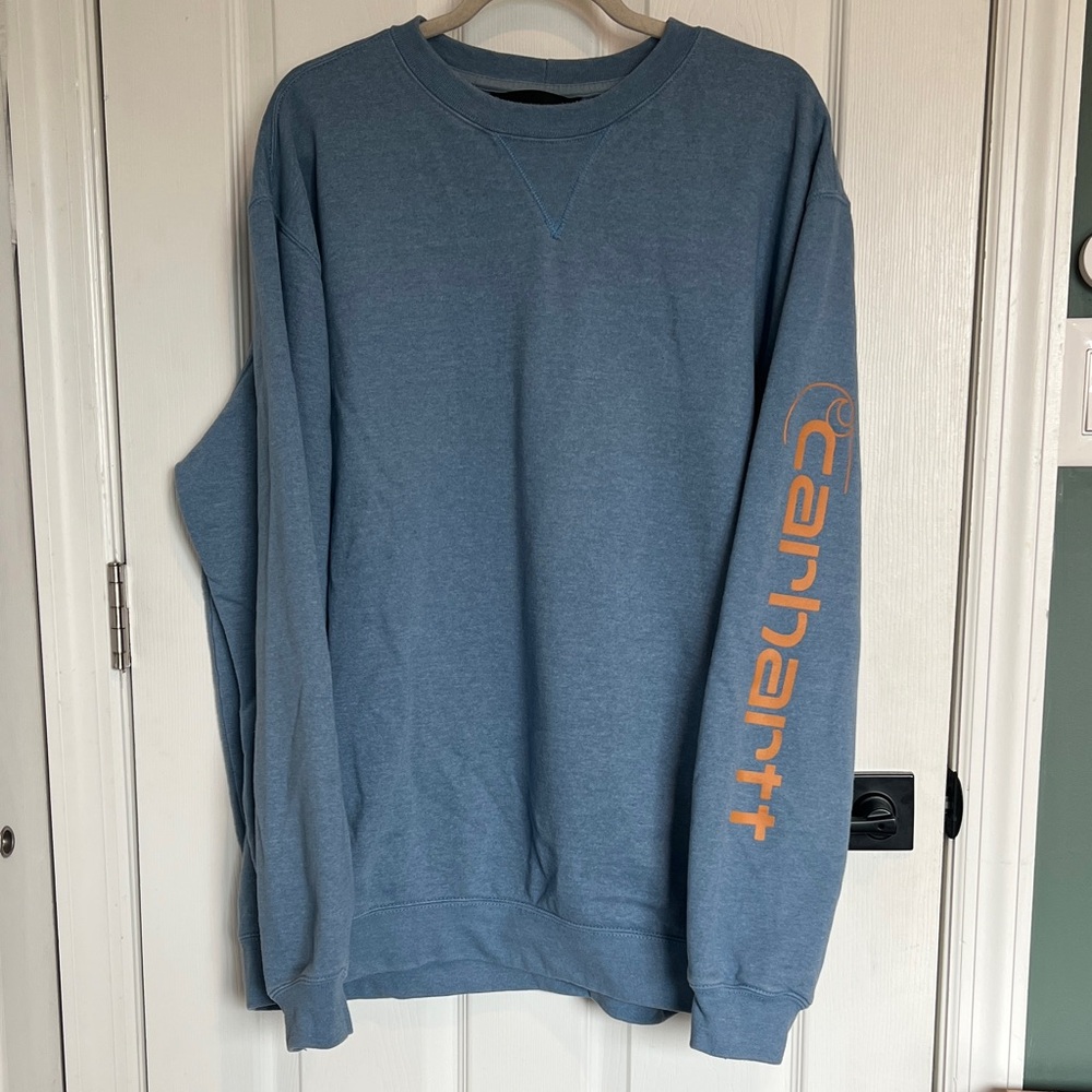 Carhartt Steel Blue Sweatshirt with Vibrant Orange Sleeve Logo
